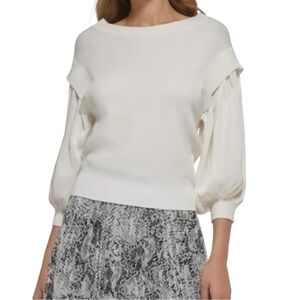 DKNY White Crew Neck Sweater with Balloon Sleeves MSRP $79.00